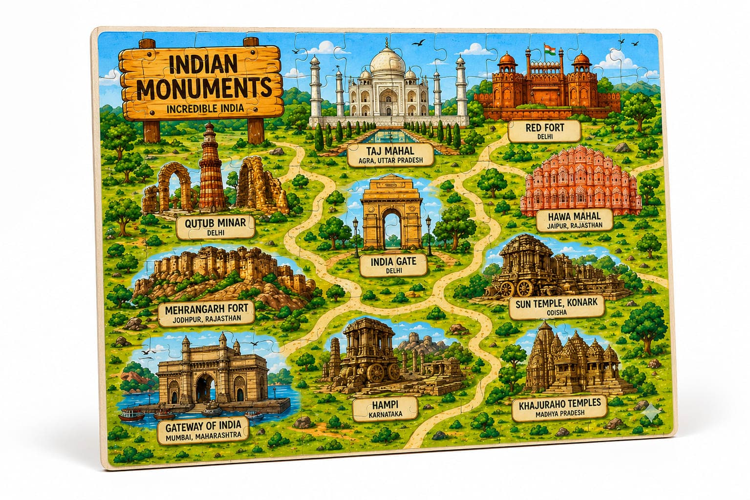 WoodyTales Indian Monuments Wooden Jigsaw Puzzle β Educational Heritage Learning Toy for Kids