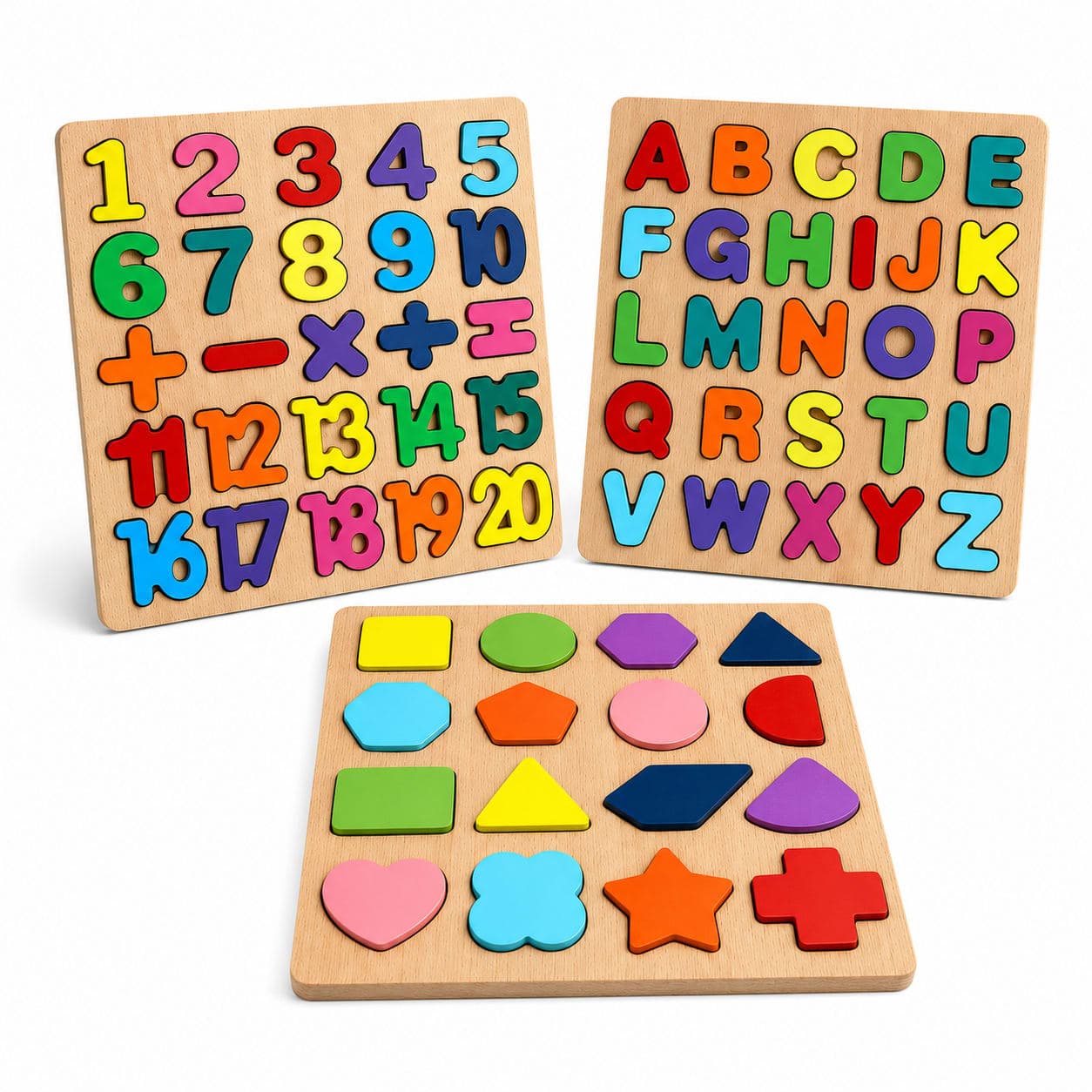 WoodyTales Premium Wooden Alphabet Numbers and Shapes Puzzle Set β 3-Pack Educational Learning Toy Bundle