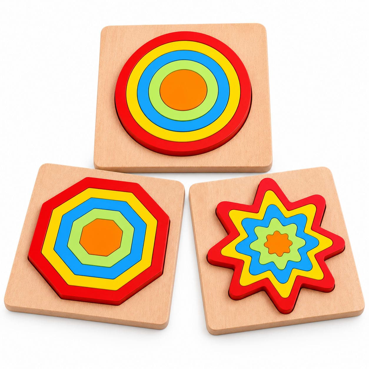 WoodyTales Multi-Layered Geometric Shape Puzzle Set β 3-Pack Educational Nesting Toy for Toddlers