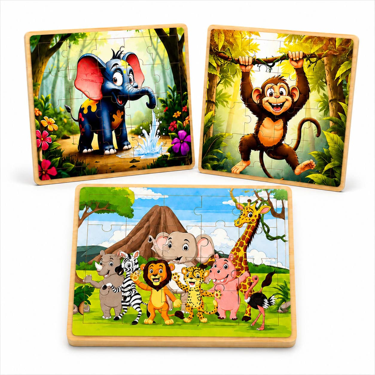 WoodyTales Premium Wooden Wildlife Animal Jigsaw Puzzle Set β 3-Pack Educational Learning Toy Bundle