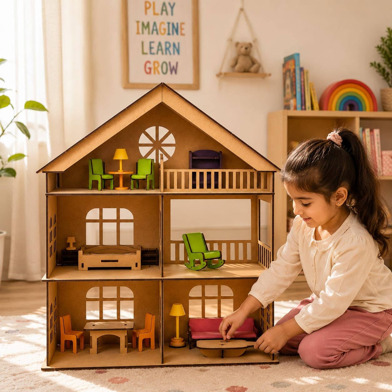 3-Storey Wooden Doll House for Kids | Colorful DIY Pretend Play House